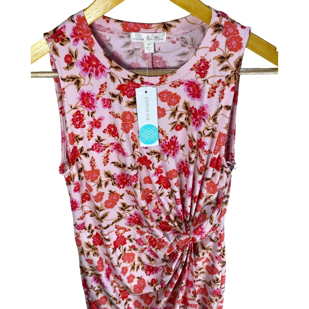 Nine Britton Pink Floral Sleeveless Twist Front Midi Dress MP NWT Stretch Wrap - Picture 4 of 9